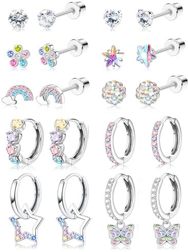 JeweBella 10 Paar Hypoallergene Ohrringe für Damen und Mädchen - Chirurgenstahl Medizinische Ohrstecker, Creolen, Hängende Set Mit Schmetterling, Blume, Herz, Stern - Kinder Set