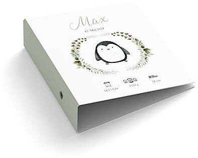 Ringordner | Ordner zur Geburt | personalisiert mit Name + Geburtsdaten | Kleiner Pinguin | Mit Griffloch | für DIN A4 | 7,4 cm breit | Kinder | Geburt | Baby | weiß/grün