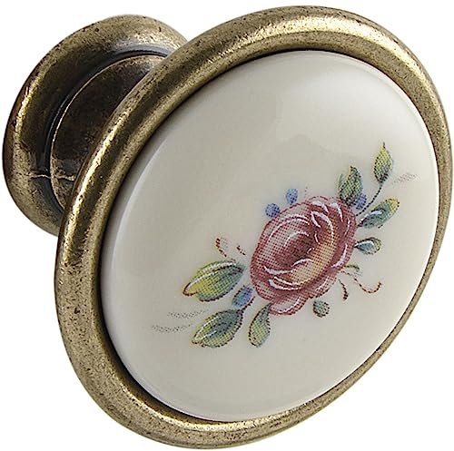 SCHÖRGHOFER & FREHE Möbelknopf Rose ø 34mm - Porzellangriff Landhausstil - Türknauf für Möbel, Porzellan bemalt, Zinkdruckguss altvermessingt