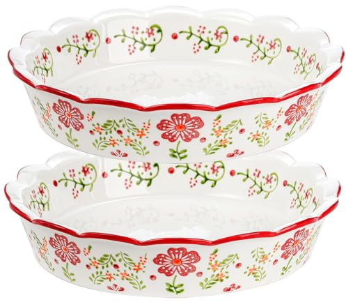 Coloch 2 Pack Ceramic Pie Plate for Baking with Fluted Rim, 9 Inch Round Pie Dish Colorful Floral Pies Pan Deep Quiche Baking Dish for Dessert, Pies, Quiche, Dishwasher and Microwave Oven Safe