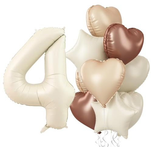 4 Luftballons Zahl Braun Aprikose, Groß Creme Nude Helium Zahlen Ballon 4, Kaffee Beige Neutraler Stern Ballon Herz Folienballon für Mädchen 4. Geburtstag Party Deko Hochzeit Jubiläum Dekoration