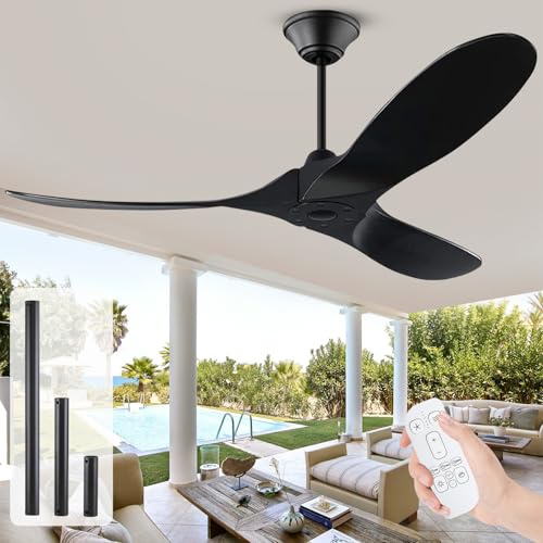 MSHENUED 178cm großer hölzerner Deckenventilator mit Fernbedienung, moderner schwarzer reversibler stummer Deckenventilator für drinnen draußen, wasserdicht, 8H Timing