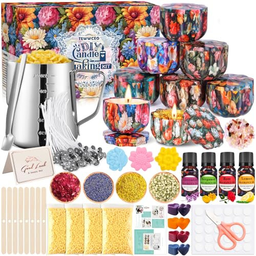 TEWWCEO Kit de Fabrication Bougies Cire Bricolage,DIY Kit Bougie Appropriés pour des Débutants à Avancés,Coffret Bougies Parfumées Cadeau avec 480g de Cire d'Abeille,8 Pot de Bougie en Forme de Fleur