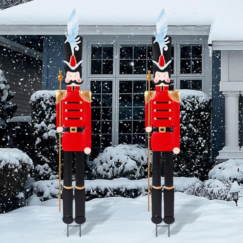 GlikCeil 2 Pcs 6ft Large Metal Christmas Nutcracker Outdoor Decoration Xmas Nutcracker Yard Signs Christmas Tall Metal Soldier Stakes Ornament for Xmas Holiday Garden Lawn Porch Pathway(Red)