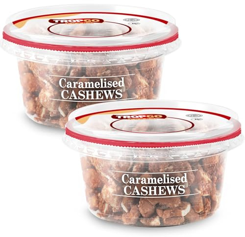 Tropgo Caramelised Cashews 180g - Pack of 2 - Sweet Nuts in a Resealable and Recyclable Nut Tub - Healthy Nuts Trail Mix with Fibre Protein and Essential Minerals