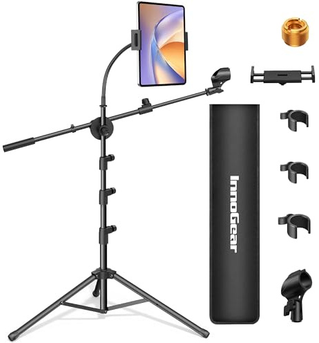 InnoGear Mic Stand, 6 in 1 Microphone Stand Floor with Tablet Phone Holder Height Adjustable from 30 to 72 Mic Stand Tripod Boom Arm with Gooseneck Carrying Bag for Singing Karaoke Stage
