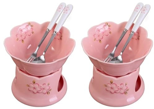 ABPWO Glasiertes Keramik-Fondue-Topf-Set, Käse oder Schokolade, Tapas, Butterwärmer, inklusive Gabeln und Löffel, 170 ml (2 rosa Schalen + rosa Herd)