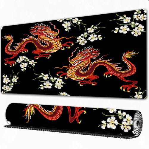 FEHWI Gaming Mouse Pad Extra Large Keyboard Mouse Mat Desk Pad Soft Smooth Surface and Anti-Slip Rubber,Descending red oriental dragon on a black background,16x29.5 in