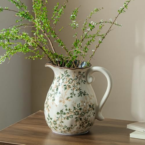 Vase à fleurs en céramique pour décoration d'intérieur, vase vintage vert 20,3 cm | Vase floral rustique pour cuisine, table basse, salon, cheminée, bibliothèque, entrée, centre de table de mariage