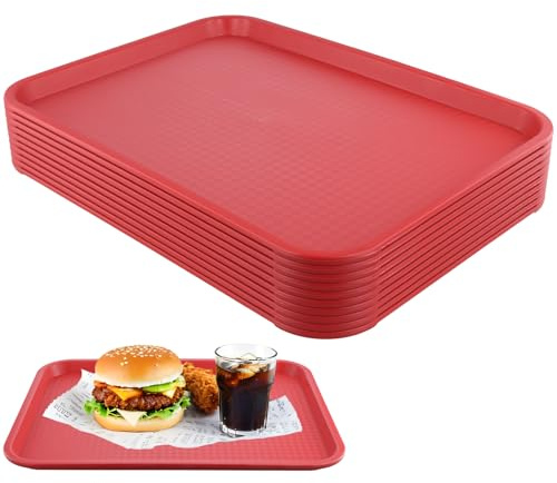 LEXININ Lot de 10 plateaux de service rectangulaires en plastique rouge de 41 x 30 cm pour cafétéria, restaurant, restauration rapide