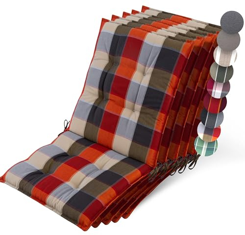 Beautissu 5er Set Premium Niedriglehner Auflage Gartenstuhl rutschfest | 100x50cm 8cm dick Orange-Beige kariert robust Polster Befestigungsbänder UV-Lichtechtheit 5 Gartenstuhlauflage Garten Sun-NL