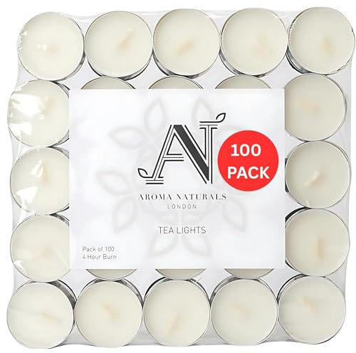 Aroma Naturals London Unscented Tealight Candles Pack of 50 | 4-Hour Slow Burn Time | Standard Size D3.8 x H1.45cm | White Wax Candlelight | Aluminium Cups Tea Lights | Bag of (50) (100)