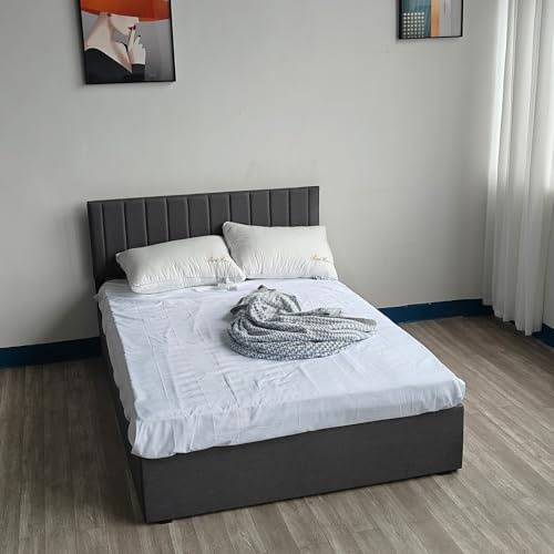 Panana Upholstered Ottoman Double (4ft6) / King (5ft) Grey Linen Fabric Storage Bed, Gas Lift Up Bed Frame with Storage, End Opening Wooden Slats (Grey with Vertical Headboard, King Size)
