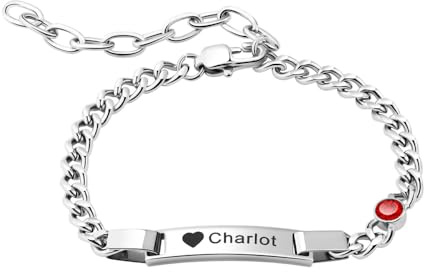 Bracelet Personnalisé pour Bébé avec Pierre de Naissance, Nom gravé Bracelet d'identification Personnalisé Longueur Réglable, Bijoux Cadeaux pour Enfants Noël Anniversaire Baptême, Argent