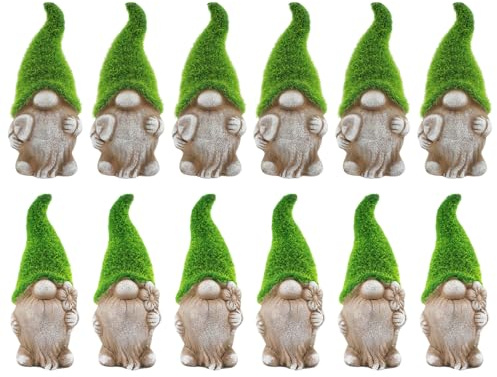Lot de 12 nains de jardin gonk en forme d'herbe - 18 cm - Ornements d'extérieur en céramique avec chapeaux et piques floqués verts - Jolies statues décoratives effet pierre pour jardin, terrasse