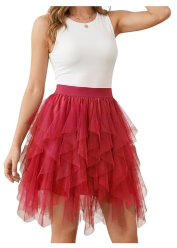WERFORU Damen Tüllrock Midi Geschichtetes Mesh-Design Tüllrock Elastischer Taillenbund A-Linie Netzrock für Party Alltag und Festlichkeiten
