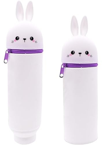 MPXEAVG 2 in 1 Weiche Silikontasche Kawaii Federmäppchen, Stiftetasche Buntstifte Marker, Stand Up Federmäppchen, Niedliche Schulbedarf Mädchen Junge (Kaninchen)
