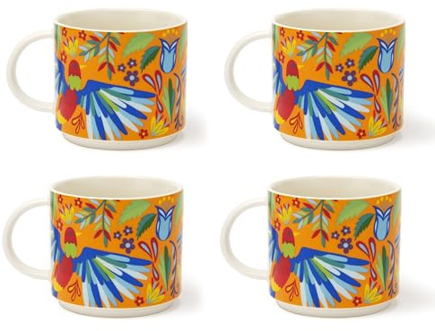 Excelsa Mexican Flowers Set 4 Tazze da Tè in New Bone China, Decorazione Floreale Messicana