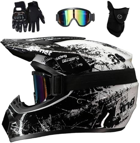 Dual Sport Casco da Motocross, Gioventù Bambini Integrali Fuoristrada Corsa Moto Incidente Caschi, Discesa BMX MTB ATV Enduro Quad Dirt Bike Casco, con Occhiali Guanti Maschera(White Black,L/56-57CM)