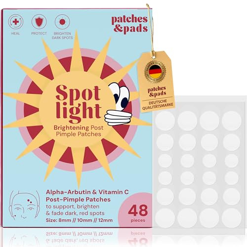 Patches & Pads Spotlight - Brightening Patches gegen Pickelmale – 48 aufhellende Akne Pflaster mit Alpha-Arbutin & Vitamin C – für Akne Haut – 3 Größen – vegan, dermatologisch getestet