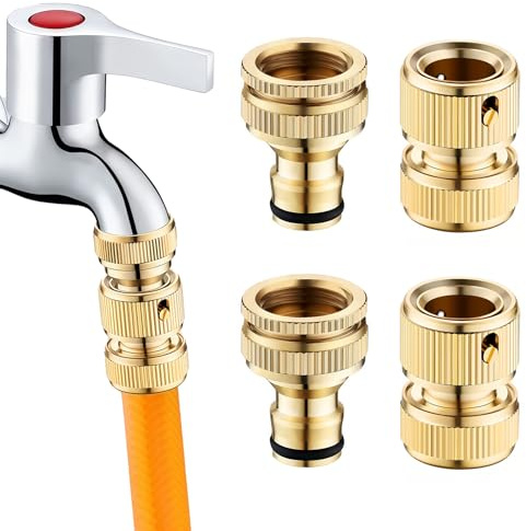 OIHCAZ Brass Garden Hose Connector, 4 Pack Hose Pipe Connectors Kit Contain 1/2 Inch and 3/4 Inch 2-in-1 Faucet Connectors | 1/2 Inch Quick Connect Garden Hose Fittings, No-Leak