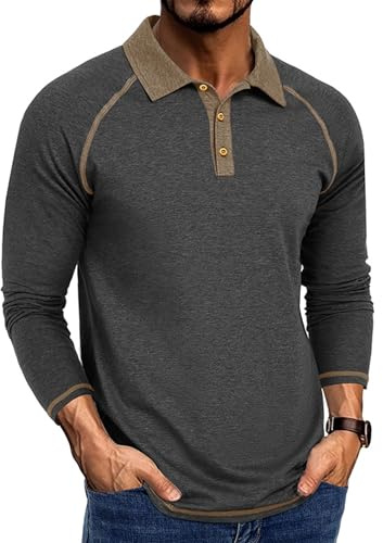 Aro Lora Mens Long Sleeve Polo Shirts Causal Polo T-Shirts Adult Button Down Golf Tops Grey M