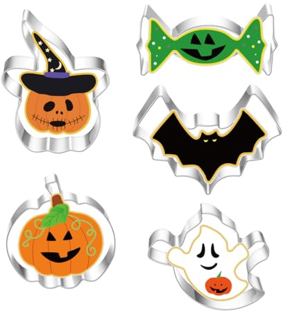KEQAR 5 Pezzi Formine per Biscotti di Halloween in Acciaio Inox, Zucca, Fantasma, Cappello da Strega, Pipistrello, Gatto Tagliabiscotti per Feste e Decorazioni per Bambini