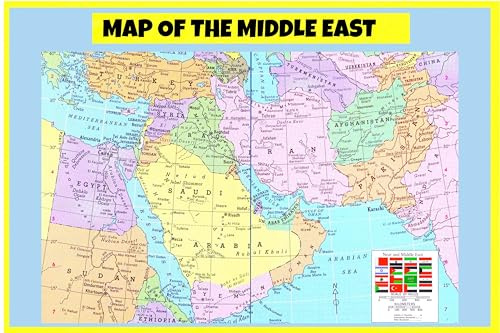 Map Of Middle East Style 2 36x54 - Glossy Heavy Paper Wall Map Poster Print Perfect for Homes, Classrooms and Offices - Vivid Colors, Easy to Read, Clean Layout