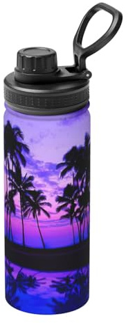 Bouilloire de sport isotherme avec imprimé palmier violet coucher de soleil - Bouteille de voyage polyvalente pour basket-ball en plein air - 532 ml