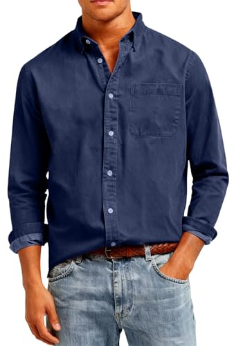 Generisch Oberhemden Herren Langarm Bügelfrei Freizeithemd Regular Fit Business Hemden Einfabrig Umlegekragen Herrenhemd Button Down Basic Hemd mit Brusttasche Blau M