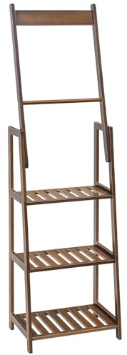 HOOBRO 3 Tier Ladder Shelf, Blanket Ladder, Bookcase Storage Rack Organizer, Bamboo Storage Shelf, Freestanding Shelving Unit, Farmhouse Ladder Rack for Living Room and Bedroom, Mocha MA123CJ01