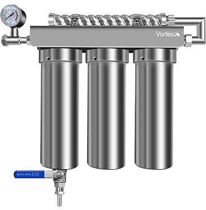 Système de purification d'eau domestique en inox en 3 étapes : filtre à sédiments, filtre en polypropylène et charbon actif, tube énergisant en spirale.