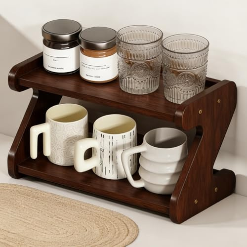 Biutimarden Soporte para Tazas de Café de 2 Niveles Estante de Encimera para Baño Especieros para Cocina Encimera para Estación de Café y Oficina (Marrón Oscuro)