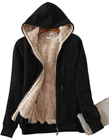 Yeokou Women's Casual Full Zip Up Sherpa Lined Hoodie Sweatshirt Jacket Coat (Large, Black)