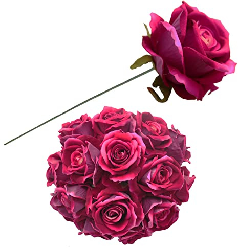 cn-Knight 20pcs Künstliche Rosen Blumenkopf,Großhandel 25cm Samt Seide Rose mit Drahtstiel,Echt Aussehende Fake Blume für Hochzeit,Brautstrauß,Heimdekoration,Blume Wand,Fuchsie