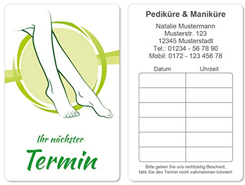 500 Terminkarten bedruckt mit Ihrer Adresse für Fußpflege Pediküre Podologie - Kein Stempel notwendig - Inkl. Kartenspender
