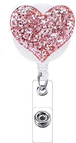 Ausweishalter mit Gürtelclip, einziehbar, mit Gürtelclip, glitzerndes Herz, Jo-Jo-Ausweishalter, Schlüsselanhänger für Mädchen, Krankenschwester, Lehrer, Studenten, Rosa, 1 Stück