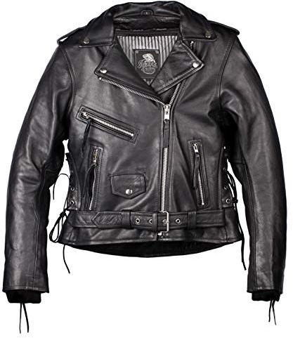 IGUANA CUSTOM - Chaqueta de moto de piel para mujer de estilo rockero CRUZADA de cuero de primera calidad, corte femenino, con protecciones y forro térmico desmontable. (M)