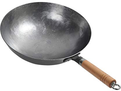 Sartén Antiadherente Sin Recubrimiento Pre-Sazonada Olla De Hierro Chino Olla Wok De Acero Al Carbono Con Mango De Madera Para Gas Natural,30cm