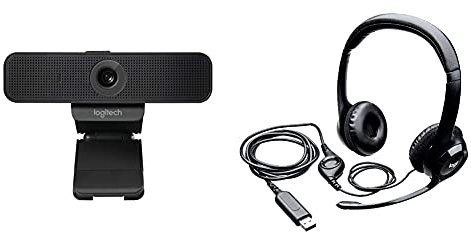 Logitech C925-E Business Webcam, HD 1080p/30fps Video Calling, Light Correction, Autofocus, Clear Audio, Privacy Shade - Black & H390 Wired Headset, Stereo Headphones - Black