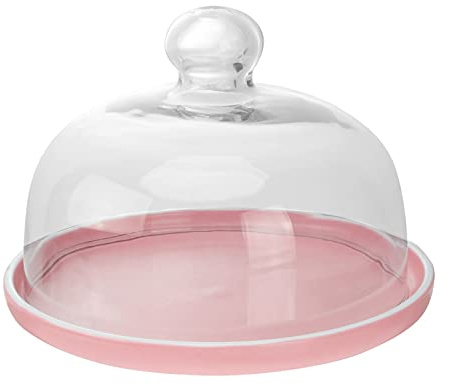 Plat à Dessert en Céramique Rose, Lot 1 Pièce avec Couvercle en Verre