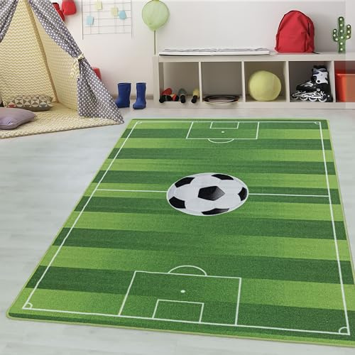 Kinderteppiche für Kinder Fußball Stadion Design Spielteppich Fußballfeld Motiv Waschbar Jungen & Mädchen Teppich für Kinderzimmer Babyzimmer Spielzimmer Teppich Farbe: Grün, Grösse: 100 x 150 cm