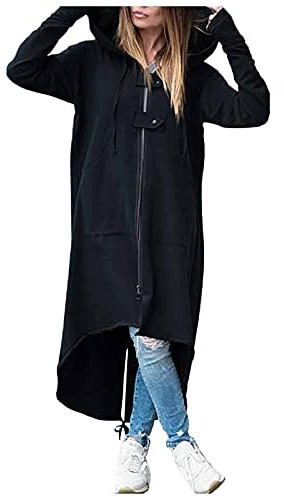 ZYUEER Manteau Femme avec Capuche Zipper Cardigan Long Couleur Unie Veste Chic Pas Cher a la Mode Oversize Trench Coat, Noir, M
