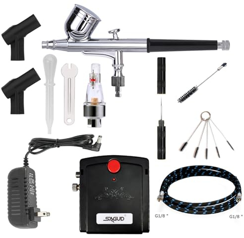 Sagud Airbrush Kit mit Kompressor Mini tragbarem Schwerkraftgespeist mit doppeltwirkender Air Brush für Kuchendekoration, Hobby, Basteln,Nägel, Make-up mit Reinigungskit