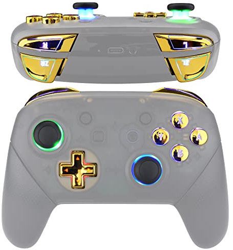 eXtremeRate DTFS LED Tasten Set für Switch pro Controller, 9 Farb-Modi 6 Separat-Tasten-Bereiche Control leuchttaste Thumbsticks D-pad Trigger LED Beleuchtung Knöpfe Button Kit-Symbol Chrome Gold