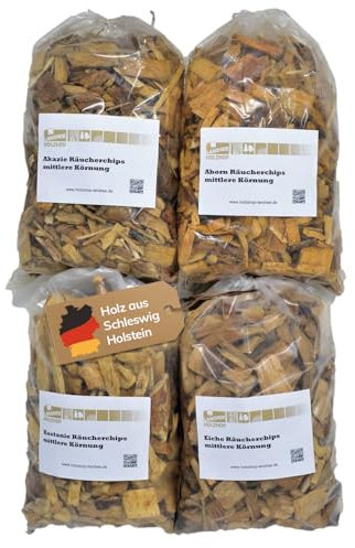 Landree® Starter-Set Räucherchips Akazie, Ahorn, Kastanie, Eiche - 4 x 2 Liter -Halbes Schwein- Wood Chips für Grill Smoker BBQ