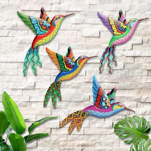 EEEKit 4 Stück Garten Wand Kunst Outdoor, Metallzaun Dekoration, Kolibri Garten Wand Ornament Hängende Skulptur für Zaun Hof Veranda Terrasse Hinterhof Balkon Dekor