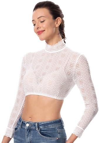 Dirndlwelle Dirndl Bluse,Dirndlbluse Damen,Dirndl Bluse Damen Oktoberfest Dirndlbluse Langarm Spitzenbluse Dirndlblusen Dreiviertelarm Weiß Spitze Trachtenblusen Hochgeschlossen Weiß Langarm Größe 44