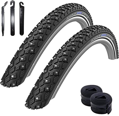 Angebot-Set / 2 x Schwalbe Marathon Winter Plus Fahrradreifen Drahtreifen mit Reflex in Schwarz 35-622 (28 x 1.35) + 2 Schwalbe Schläuche SV17 inkl. 3 Reifenheber