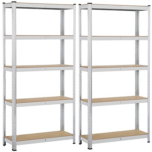 Yaheetech 2PCS 5 Tier Garage Shelving Units Heavy Duty Metal Storage Shelves Shed Utility Rack, 90 x 30 x 180cm, 175KG Per Shelf, Silver